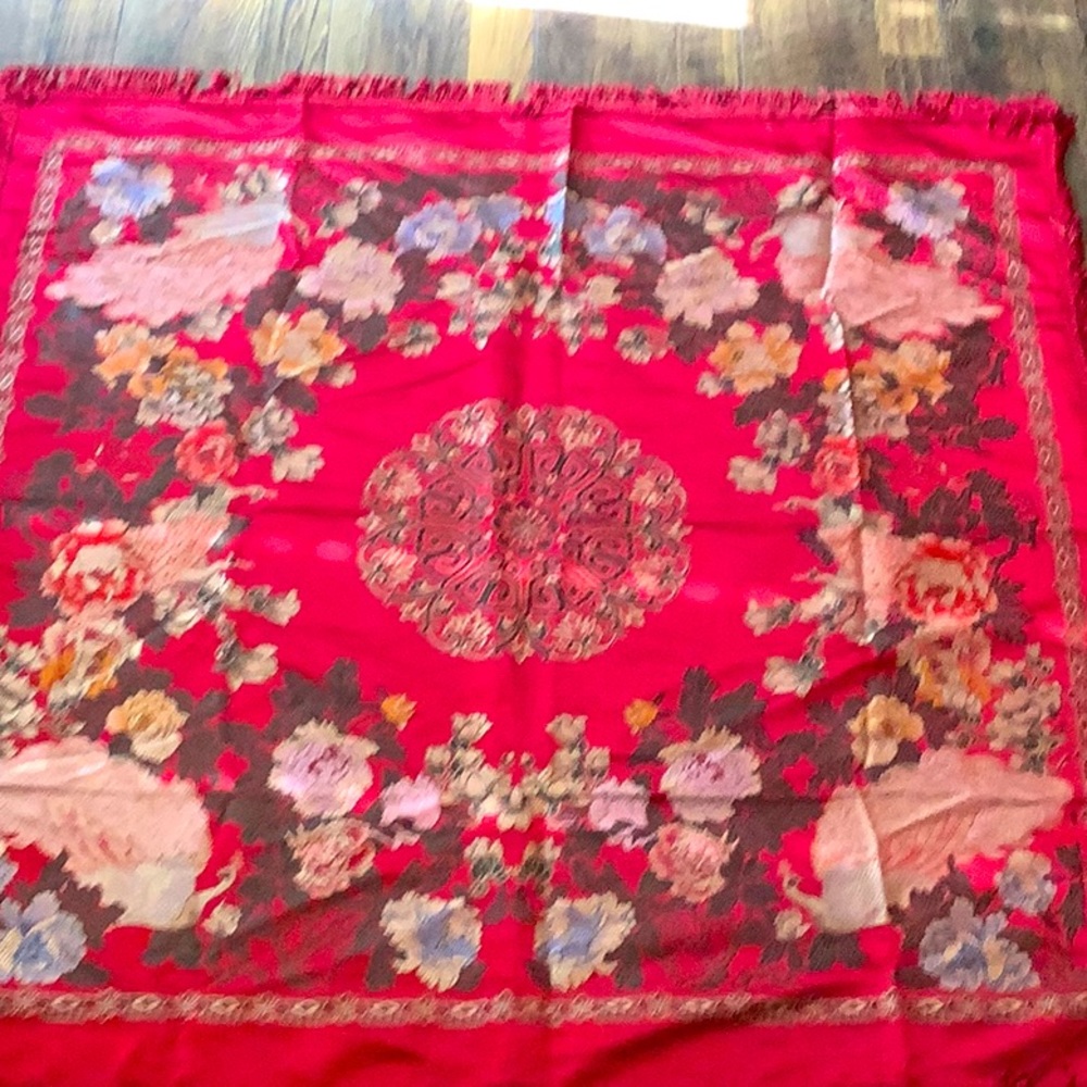 Vintage silk red Fringed Rectangle wrap